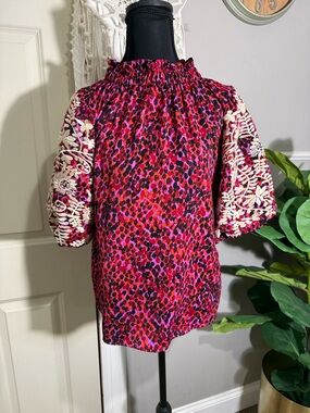 THML Pink Multi Floral-Print Top with Cream embroidered Puff Sleeves